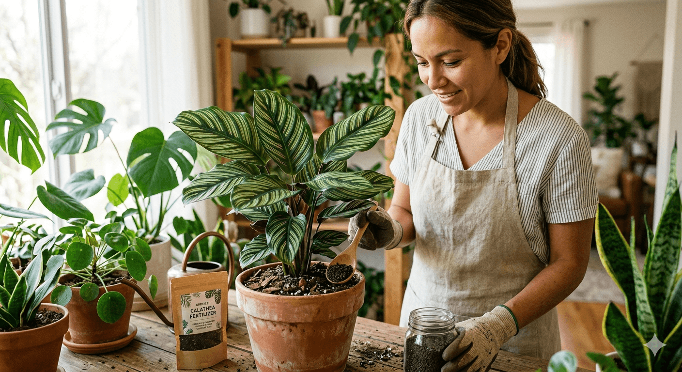 Person fertilizing a calathea plant indoors