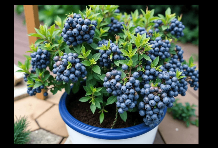 Blueberry bush in pot loaded with ripe blueberries — best fertilizer for blueberries in containers