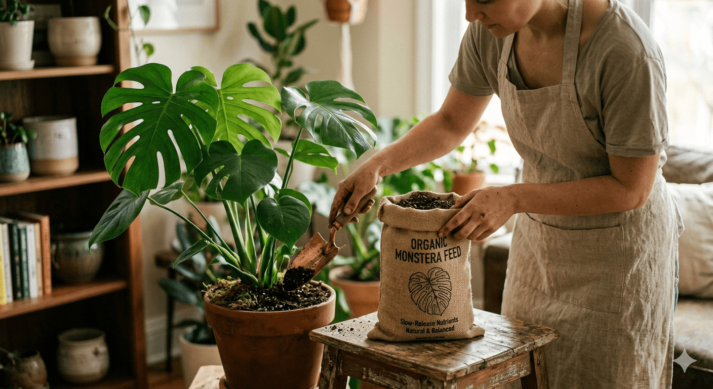 Person fertilizing a monstera plant with organic feed