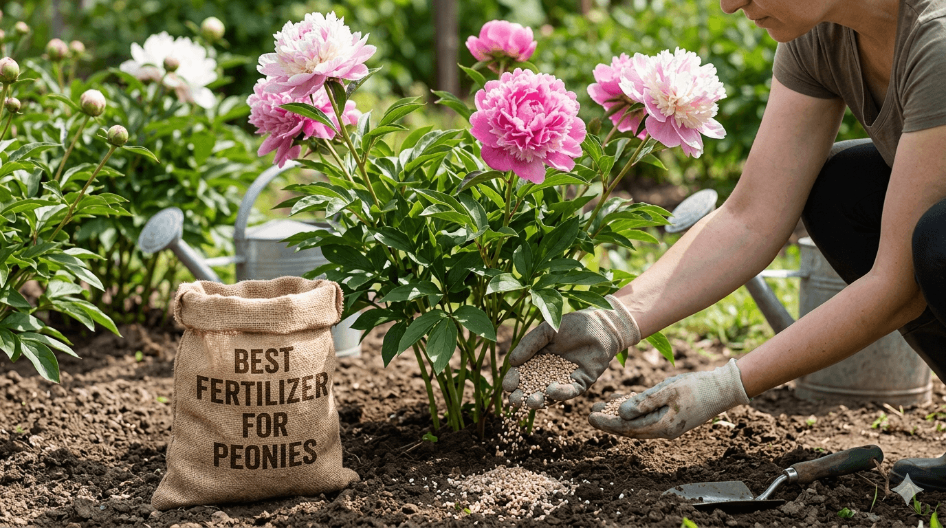 Gardener applying granular fertilizer to blooming peony plants in a garden