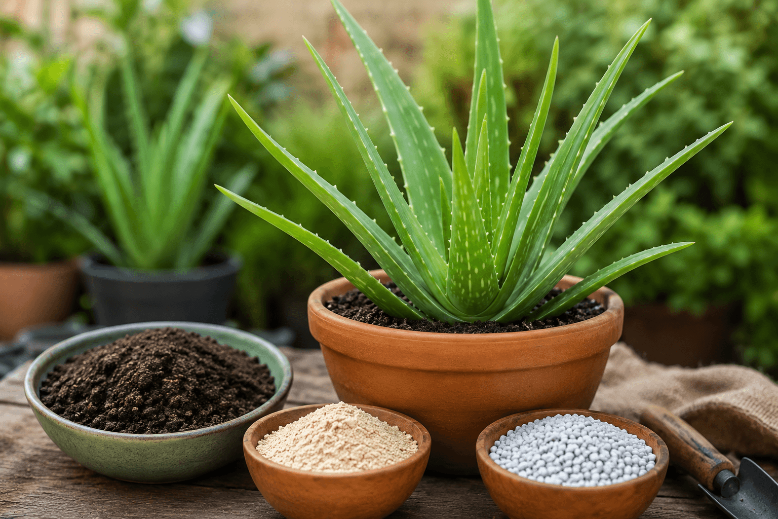 Best fertilizer for aloe vera in pots — healthy aloe vera in a terracotta pot surrounded by soil, powder, and granular fertilizer options