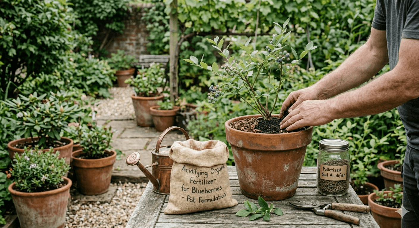 Gardener applying acidifying organic fertilizer granules to a blueberry bush in a terracotta pot, with a jar of pelleted soil acidifier and a copper watering can beside it