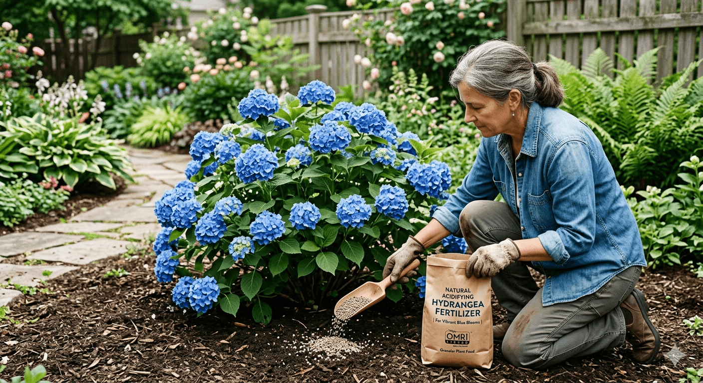 Gardener applying natural acidifying hydrangea fertilizer to blue hydrangea blooms in a backyard garden