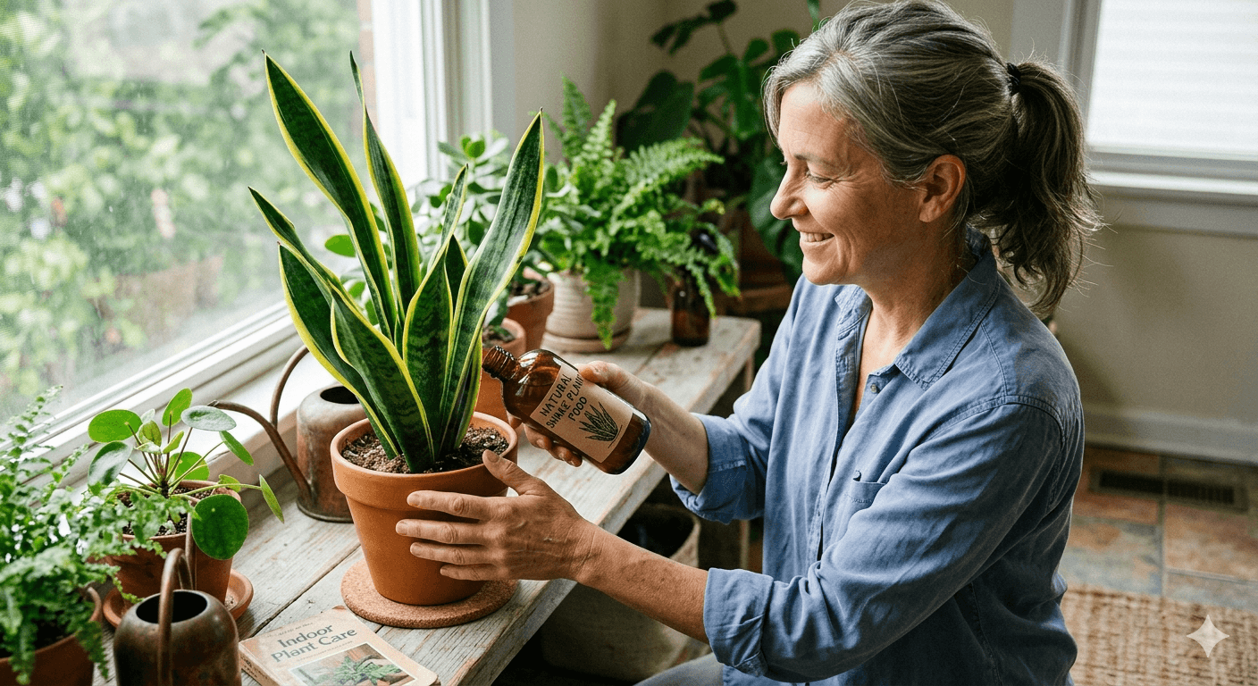 Best fertilizer for snake plant granular fertilizer being applied to a healthy Sansevieria in a terracotta pot