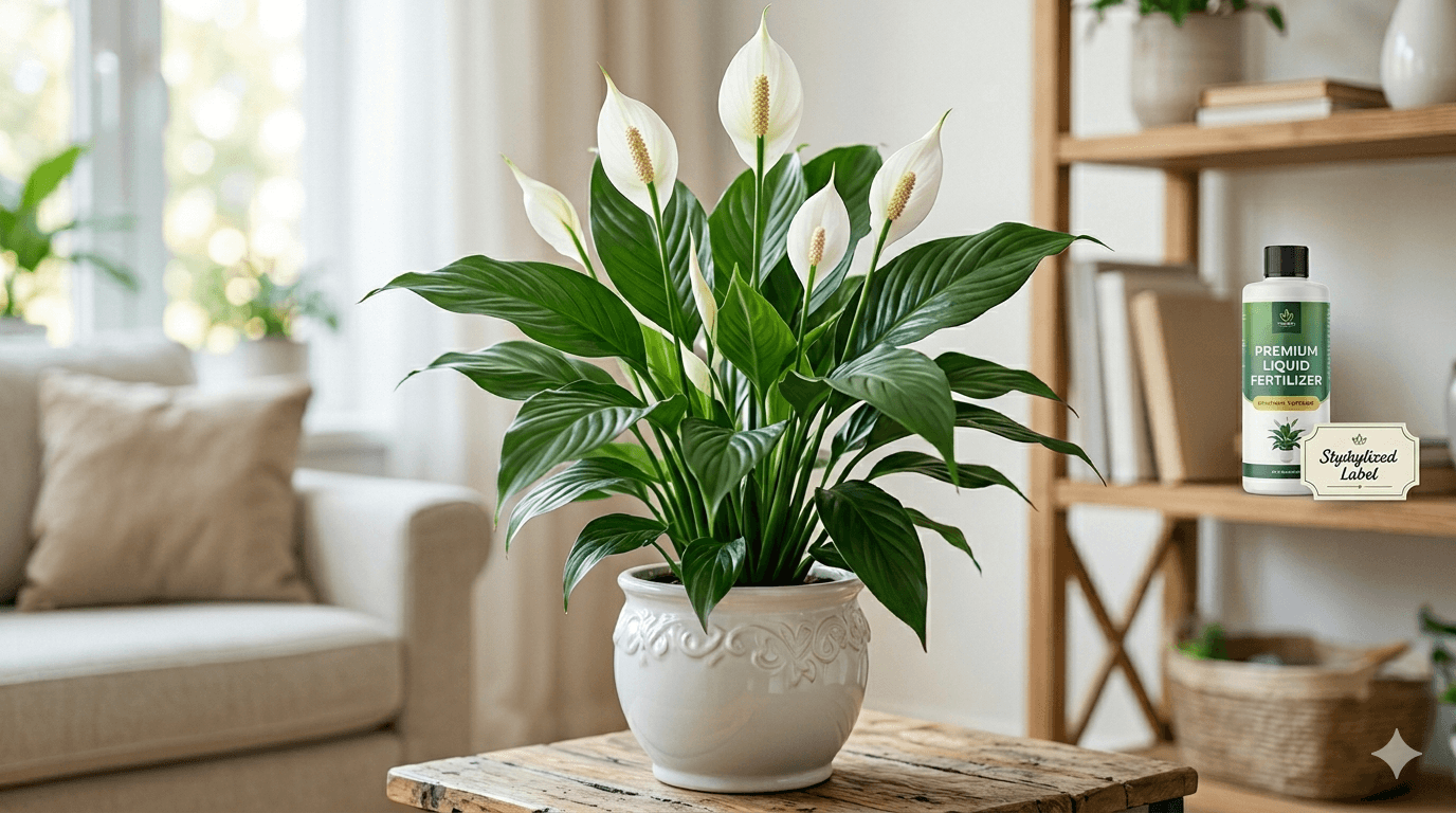 Healthy peace lily with white flowers in a white ceramic pot next to a premium liquid fertilizer bottle