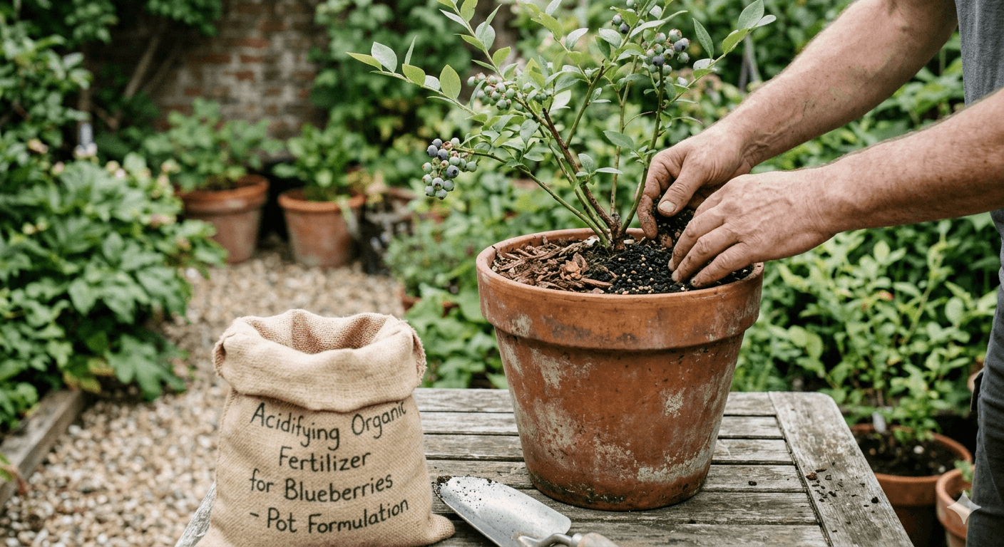 Hands applying acidifying organic fertilizer granules to a blueberry bush in a terracotta pot