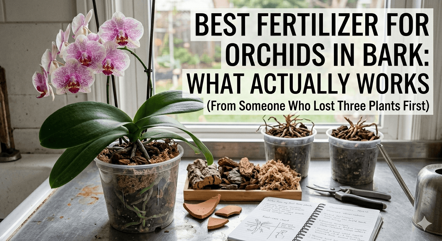 Best Fertilizer for Orchids in Bark: What Actually Works — orchid in a clear pot with bark mix on a workbench with gardening notes