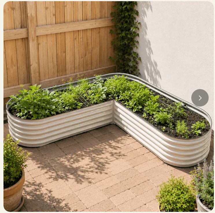 Vegega 17 inch tall L-shaped knee-high raised garden bed fitted into a corner