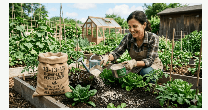 Woman applying 13-13-13 complete fertilizer to a raised vegetable garden bed