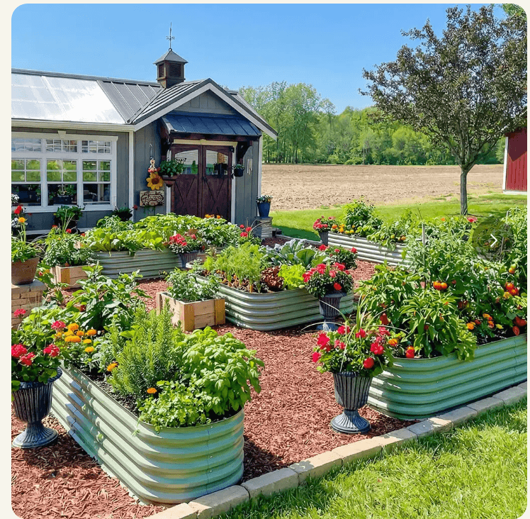Rows of galvanized corrugated metal raised garden beds full of vegetables and flowers in a sunny backyard next to a garden shed