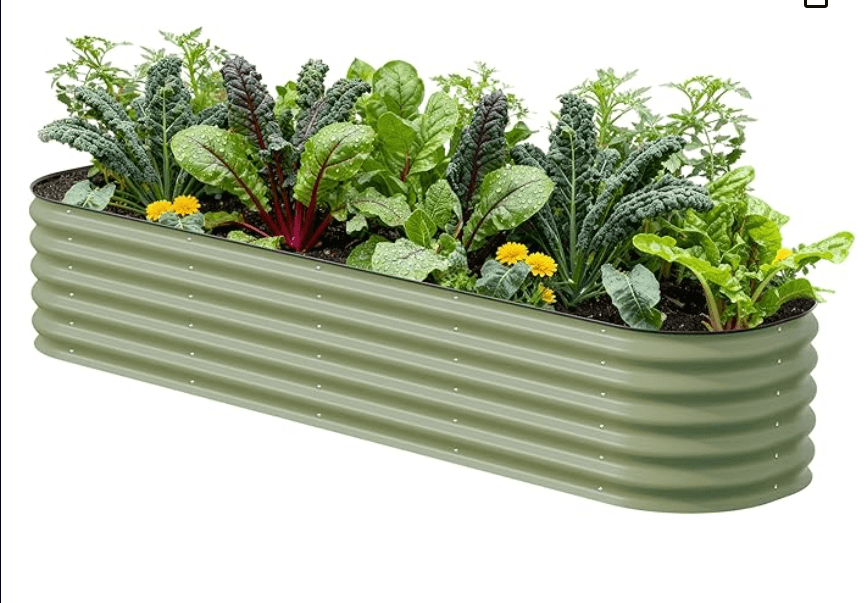 Sage green 17 inch corrugated metal raised garden bed with vegetables growing against a wall