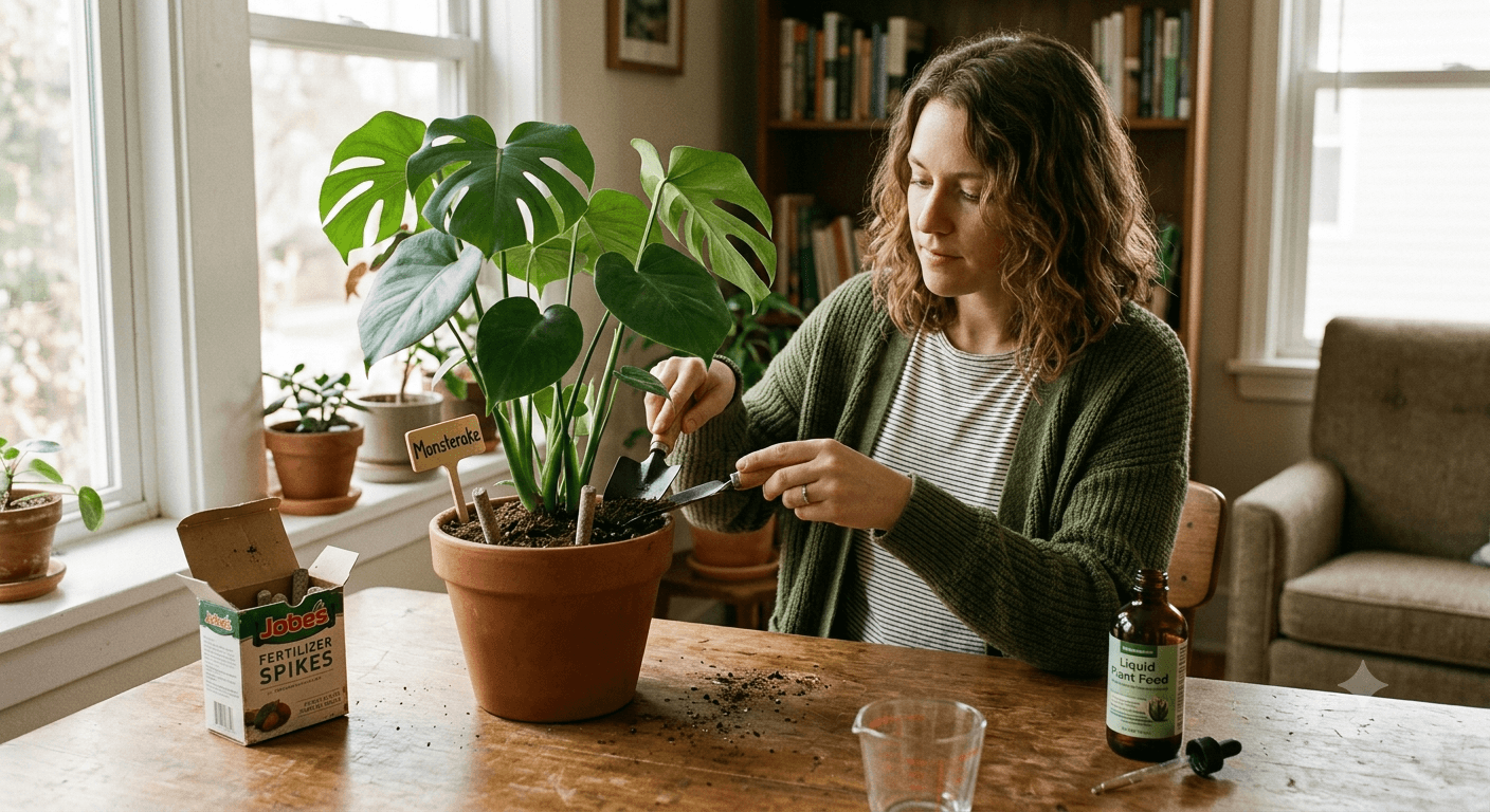 Indoor plants on a shelf with liquid fertilizer — comparing fertilizer spikes vs liquid fertilizer